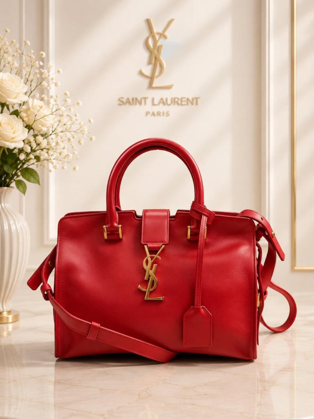 Authentic Saint Laurent Cabas ChYc Red Leather Satchel Crossbody Bag